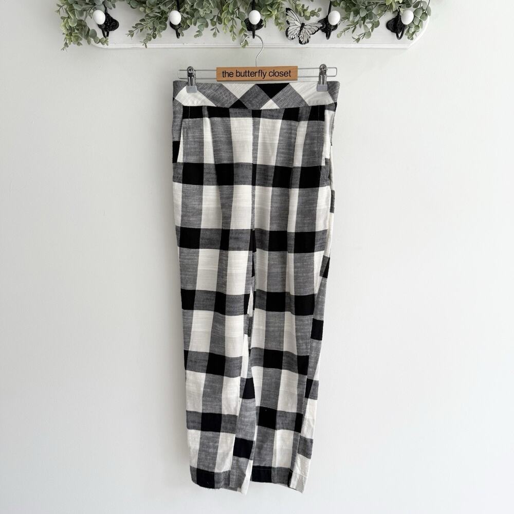 Free People Women's Black and White Plaid Straight Leg Trousers Size Small